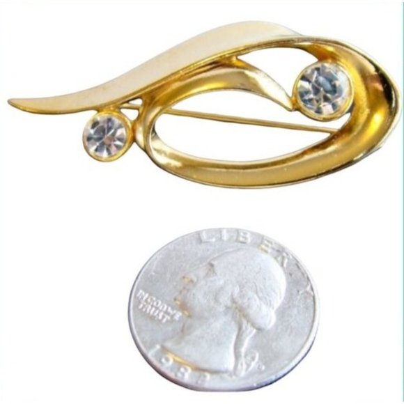 Vintage Bold Gold Oval Brooch with Large Crystal Accents 2"x1.5" - Picture 3 of 5